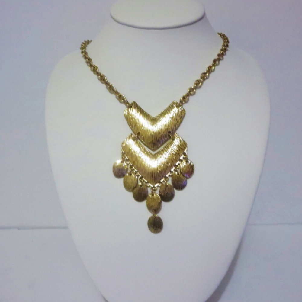 Muddy Gold Tone Chervon Disk Necklace